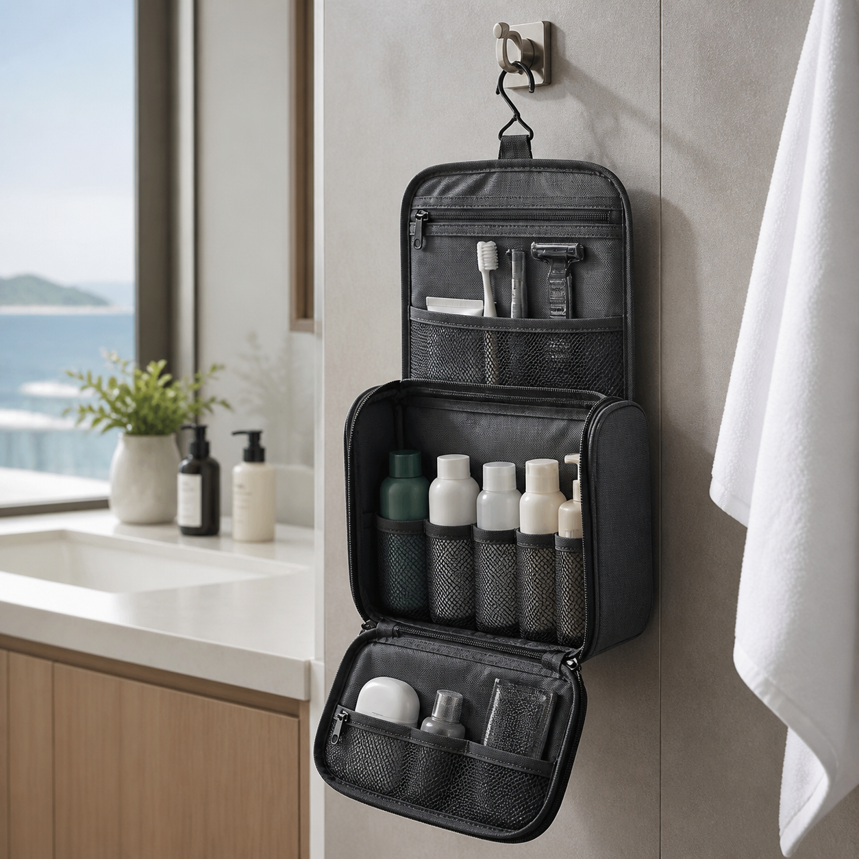 Large hanging toiletry bag in charcoal with hook, multiple compartments for travel essentials