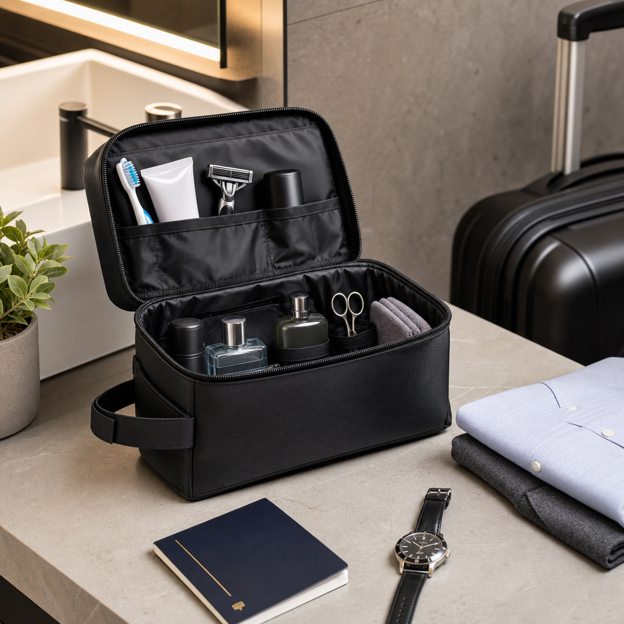 Mens water-resistant black dopp kit for travel with grooming essentials