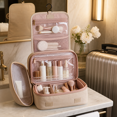 Waterproof travel makeup and toiletry organizer in beige with compartments for skincare and cosmetics